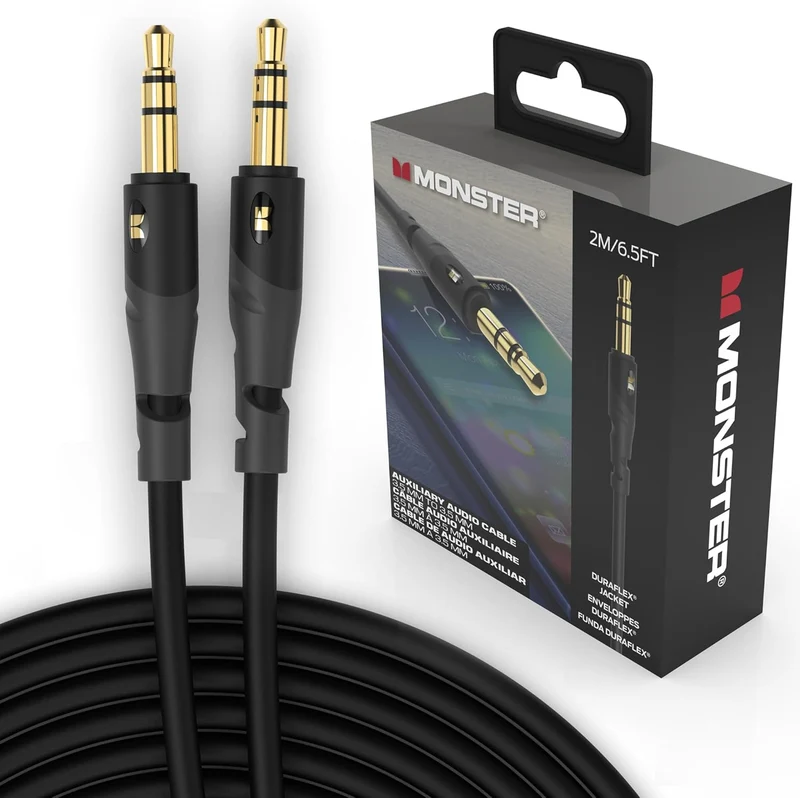 Monster Gen1 Essentials Mini-to-Mini Interconnect Audio Cable 3.5mm Male to Male, 6.5FT Aux Cord w/Duraflex Jacket, Premium Gold Plated Connectors, Cable for Car, Home, Stereo