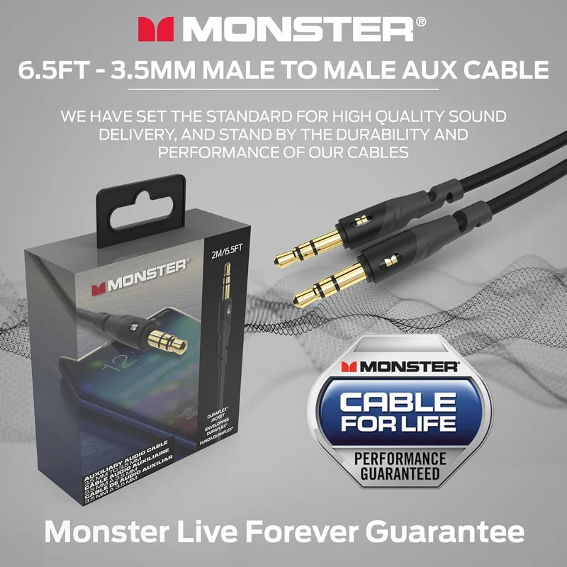 Monster Gen1 Essentials Mini-to-Mini Interconnect Audio Cable 3.5mm Male to Male, 6.5FT Aux Cord w/Duraflex Jacket, Premium Gold Plated Connectors, Cable for Car, Home, Stereo
