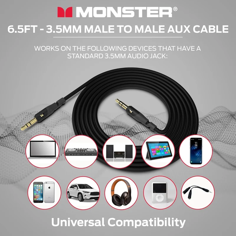 Monster Gen1 Essentials Mini-to-Mini Interconnect Audio Cable 3.5mm Male to Male, 6.5FT Aux Cord w/Duraflex Jacket, Premium Gold Plated Connectors, Cable for Car, Home, Stereo