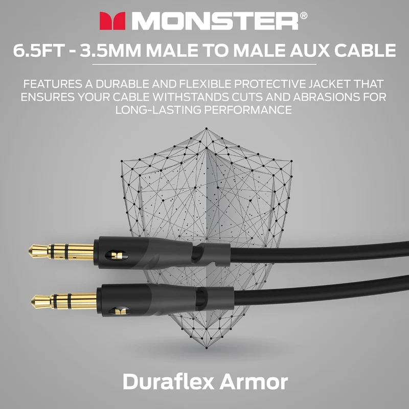 Monster Gen1 Essentials Mini-to-Mini Interconnect Audio Cable 3.5mm Male to Male, 6.5FT Aux Cord w/Duraflex Jacket, Premium Gold Plated Connectors, Cable for Car, Home, Stereo