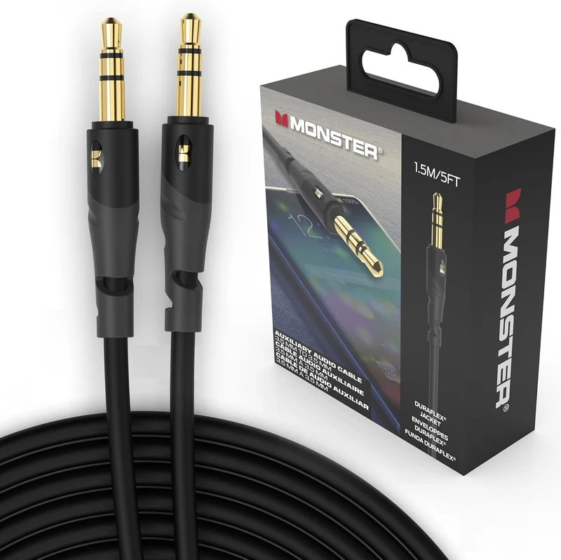 Monster Gen1 Essentials Mini-to-Mini Interconnect Audio Cable 3.5mm Male to Male, 5FT Aux Cord w/Duraflex Jacket, Premium Gold Plated Connectors, Cable for Car, Home, Stereo