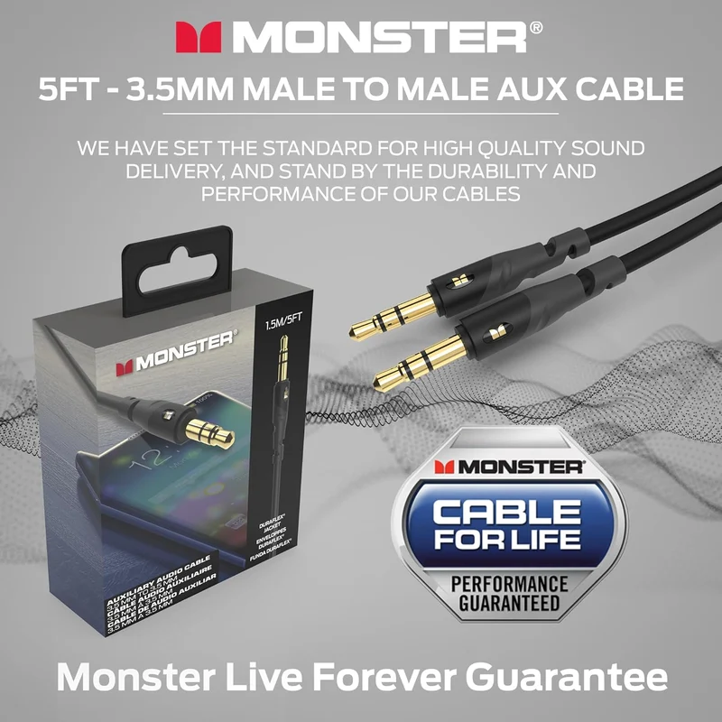 Monster Gen1 Essentials Mini-to-Mini Interconnect Audio Cable 3.5mm Male to Male, 5FT Aux Cord w/Duraflex Jacket, Premium Gold Plated Connectors, Cable for Car, Home, Stereo
