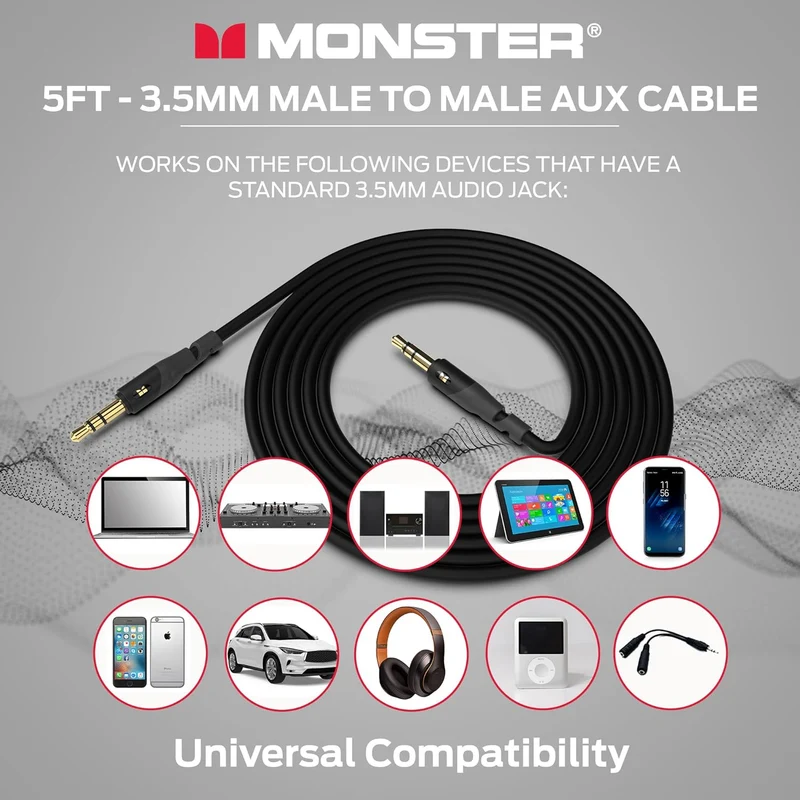 Monster Gen1 Essentials Mini-to-Mini Interconnect Audio Cable 3.5mm Male to Male, 5FT Aux Cord w/Duraflex Jacket, Premium Gold Plated Connectors, Cable for Car, Home, Stereo