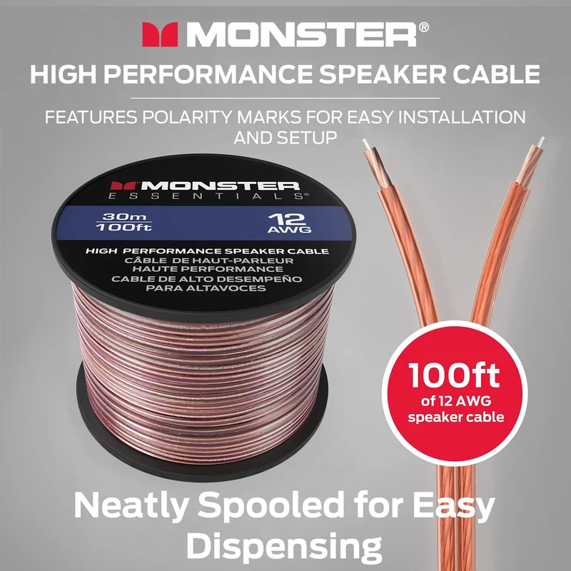 Monster XP Copper Clad Aluminum (CCA) Speaker Wire 12 Gauge Cable 100 FT Spool - Ideal for Home Cinema Cables and Car Audio Cable