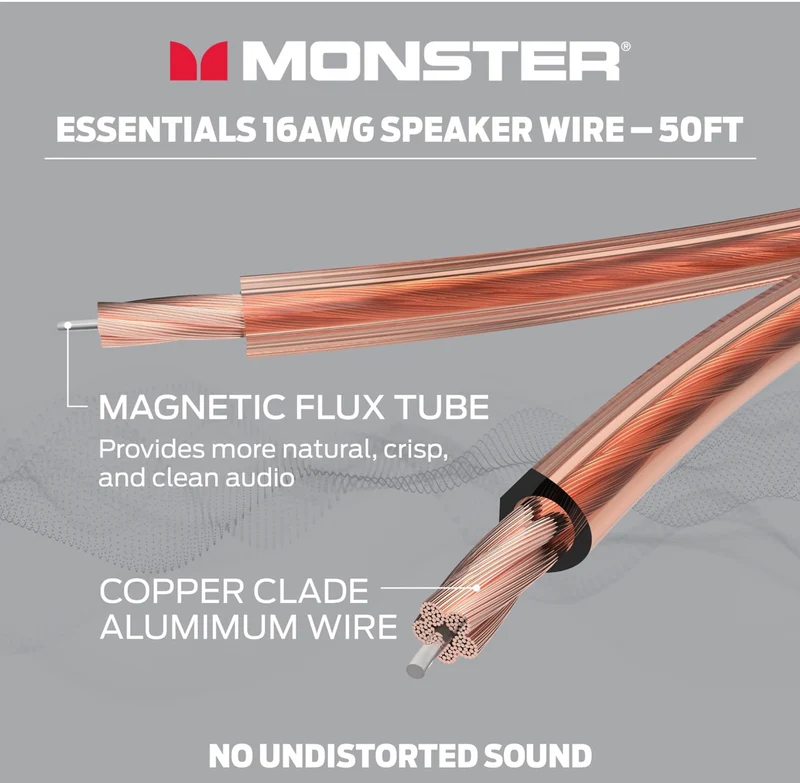 Monster 16 AWG Speaker Wire Advanced Performance Speaker Cable 50 FT Spool, Audio Speaker Cable with Polarity Markings, for Home Theater, Car Audio, and Outdoor Speaker Wiring- Easy to Strip & Install Speaker Cables