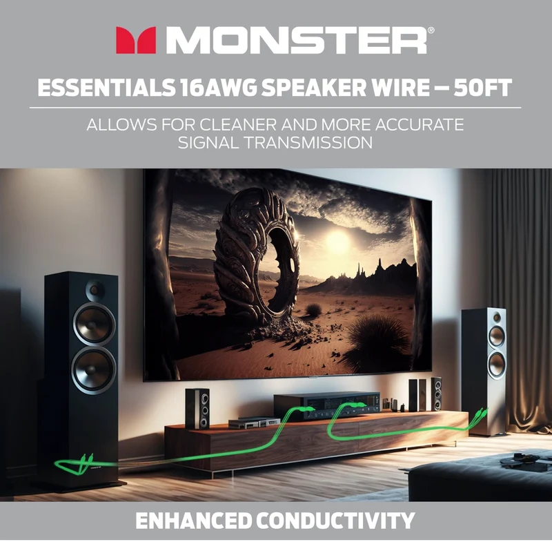 Monster 16 AWG Speaker Wire Advanced Performance Speaker Cable 50 FT Spool, Audio Speaker Cable with Polarity Markings, for Home Theater, Car Audio, and Outdoor Speaker Wiring- Easy to Strip & Install Speaker Cables