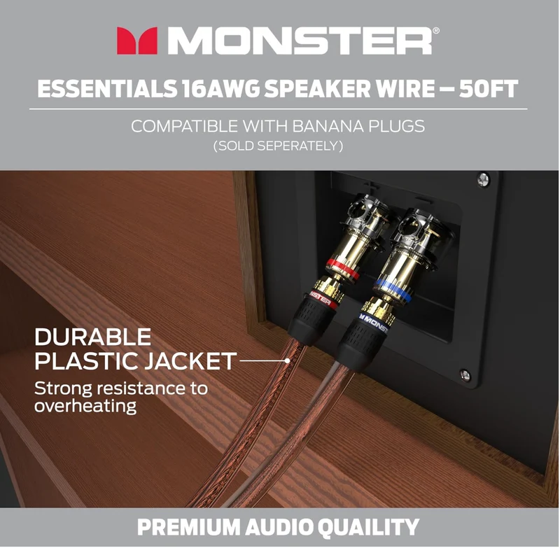 Monster 16 AWG Speaker Wire Advanced Performance Speaker Cable 50 FT Spool, Audio Speaker Cable with Polarity Markings, for Home Theater, Car Audio, and Outdoor Speaker Wiring- Easy to Strip & Install Speaker Cables