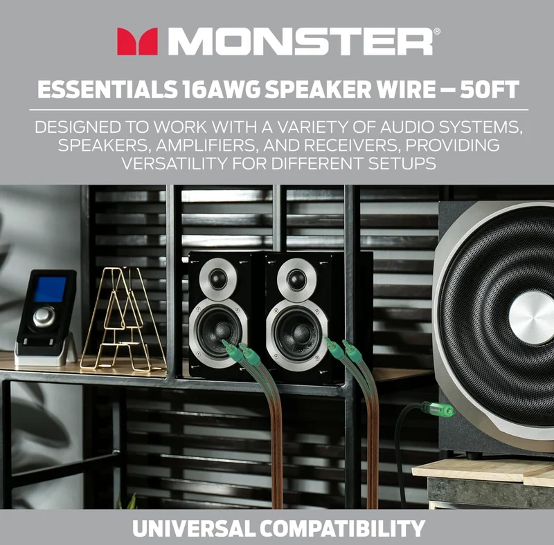 Monster 16 AWG Speaker Wire Advanced Performance Speaker Cable 50 FT Spool, Audio Speaker Cable with Polarity Markings, for Home Theater, Car Audio, and Outdoor Speaker Wiring- Easy to Strip & Install Speaker Cables