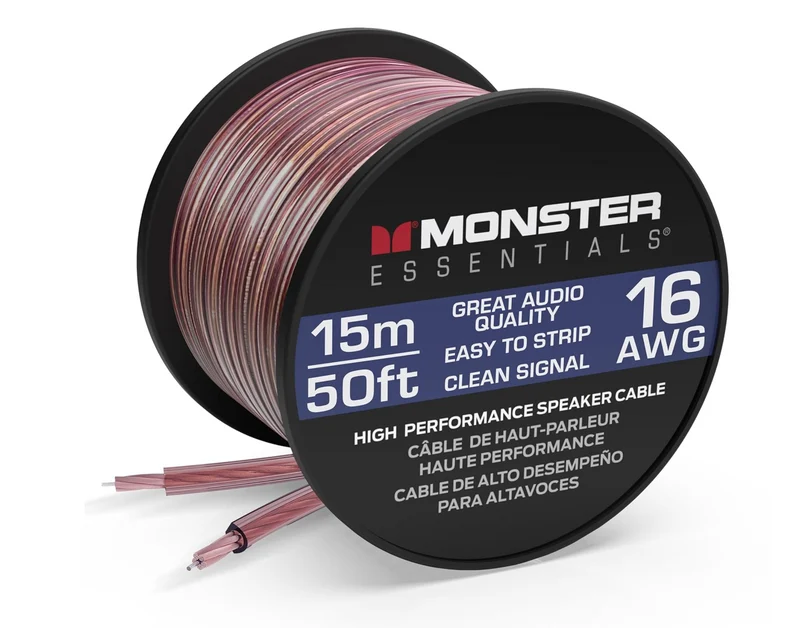 Monster 16 AWG Speaker Wire Advanced Performance Speaker Cable 50 FT Spool, Audio Speaker Cable with Polarity Markings, for Home Theater, Car Audio, and Outdoor Speaker Wiring- Easy to Strip & Install Speaker Cables