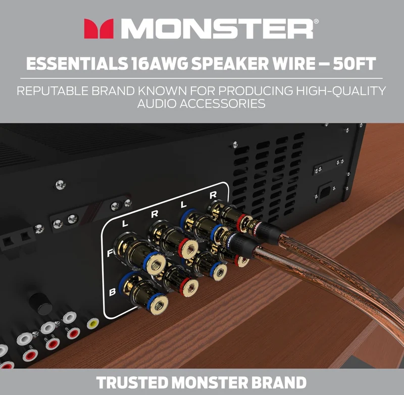 Monster 16 AWG Speaker Wire Advanced Performance Speaker Cable 50 FT Spool, Audio Speaker Cable with Polarity Markings, for Home Theater, Car Audio, and Outdoor Speaker Wiring- Easy to Strip & Install Speaker Cables