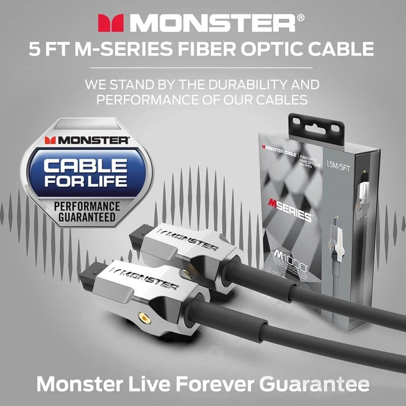 Monster M-Series 1000 Fiber Optical Audio Toslink Cable, Sound Bar Optical Audio Cable with Gold Connectors, 5ft
