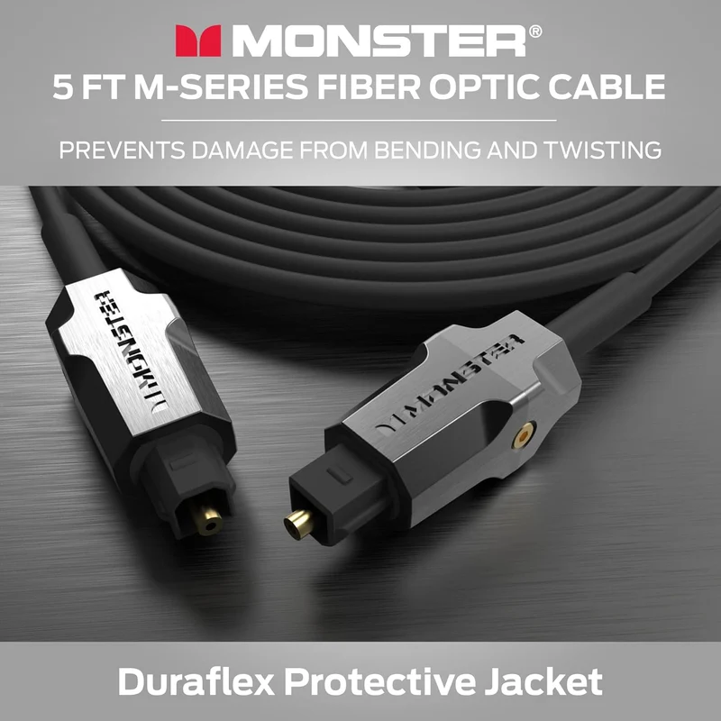 Monster M-Series 1000 Fiber Optical Audio Toslink Cable, Sound Bar Optical Audio Cable with Gold Connectors, 5ft