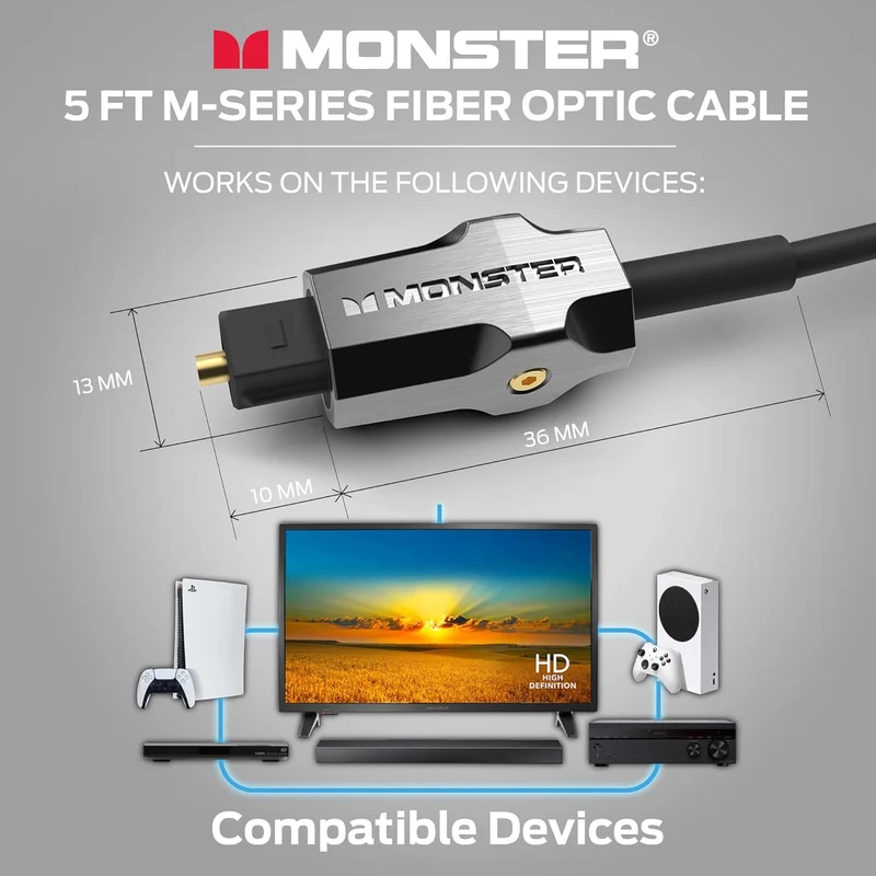 Monster M-Series 1000 Fiber Optical Audio Toslink Cable, Sound Bar Optical Audio Cable with Gold Connectors, 5ft