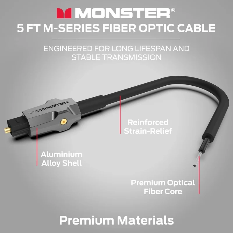 Monster M-Series 1000 Fiber Optical Audio Toslink Cable, Sound Bar Optical Audio Cable with Gold Connectors, 5ft