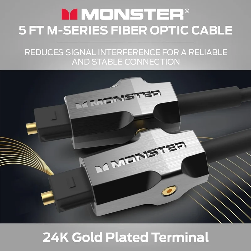 Monster M-Series 1000 Fiber Optical Audio Toslink Cable, Sound Bar Optical Audio Cable with Gold Connectors, 5ft