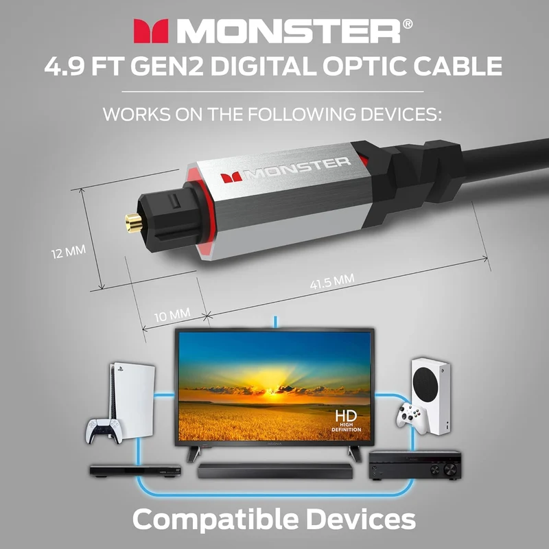 Monster Gen2 Essentials Digital Optical Toslink Cable, Sound Bar Optical Audio Cable with Gold Connectors, 9.8ft