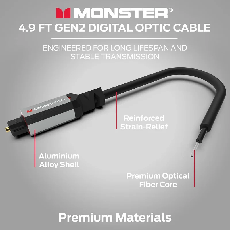Monster Gen2 Essentials Digital Optical Toslink Cable, Sound Bar Optical Audio Cable with Gold Connectors, 9.8ft