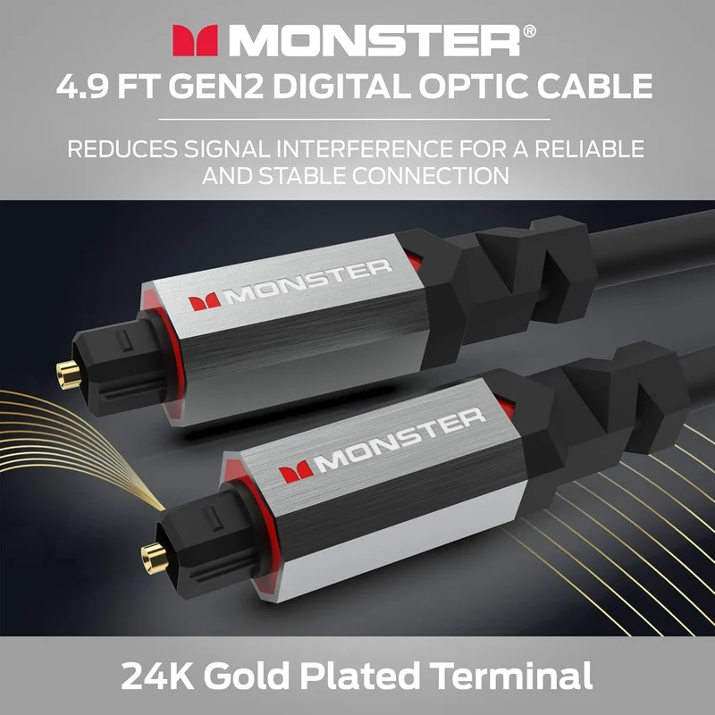 Monster Gen2 Essentials Digital Optical Toslink Cable, Sound Bar Optical Audio Cable with Gold Connectors, 9.8ft