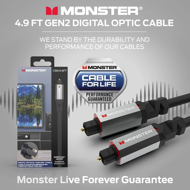 Monster Gen2 Essentials Digital Optical Toslink Cable, Sound Bar Optical Audio Cable with Gold Connectors, 4.9ft
