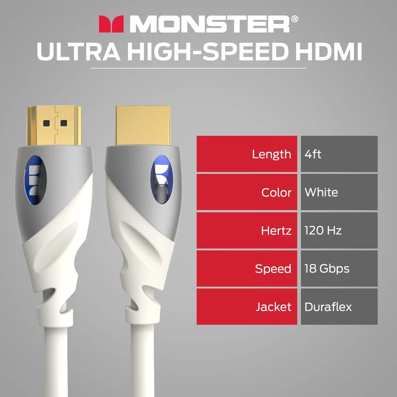 Monster HDMI Cable 4k Ultra HD with Ethernet - Corrosion-Resistant 24k Rose Gold Contacts and V-Grip Connection - HDMI Cable for PS3 and Computer Monitor - 4 FT