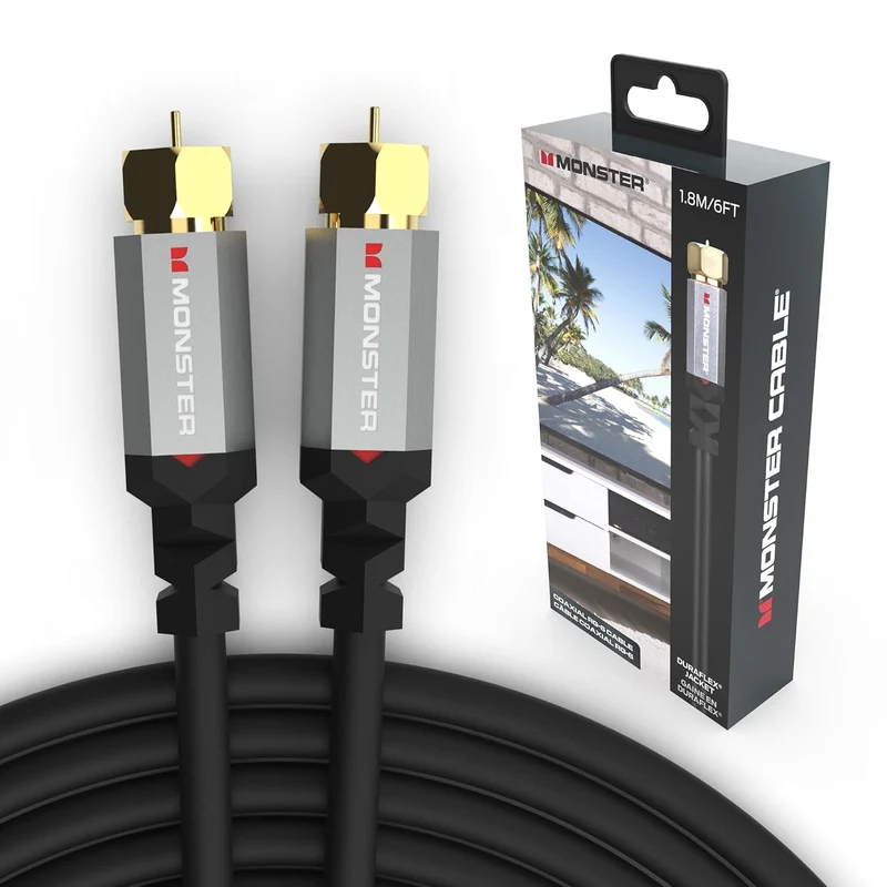 Monster Essentials RG-6 Coax Cable with Gold-Plated F-Pin Coaxial Cable Connector - High Speed Internet Cable with Duraflex Jacket and Metal Shielding, 25ft