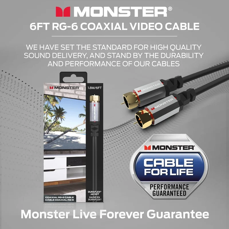 Monster Essentials RG-6 Coax Cable with Gold-Plated F-Pin Coaxial Cable Connector - High Speed Internet Cable with Duraflex Jacket and Metal Shielding, 25ft