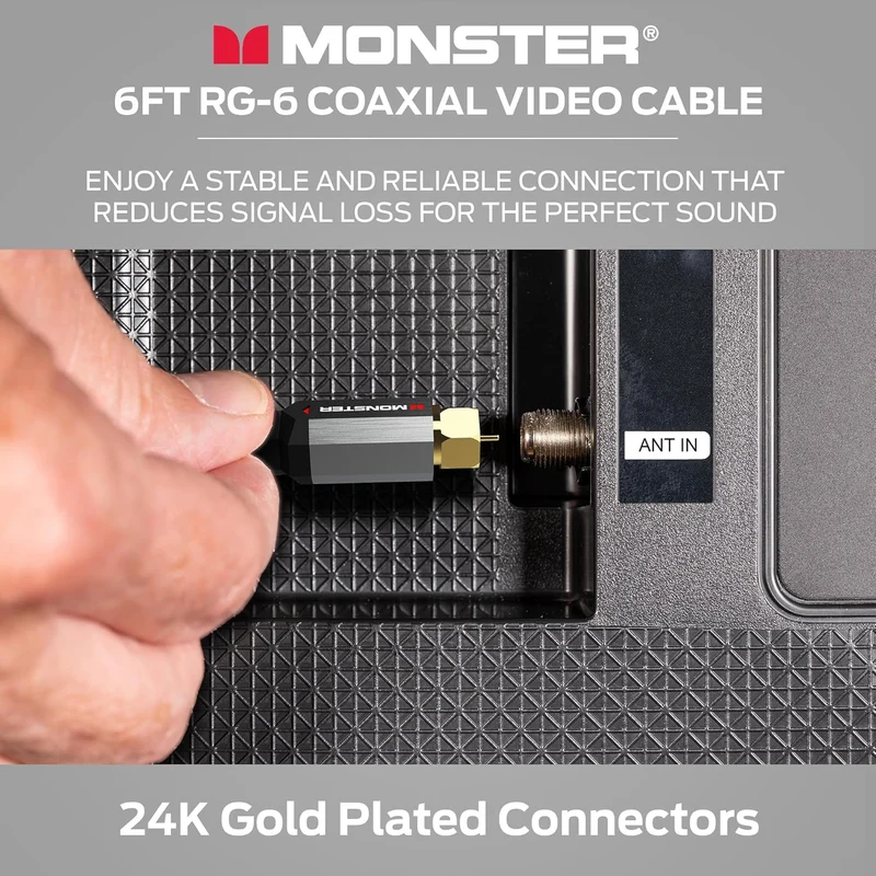 Monster Essentials RG-6 Coax Cable with Gold-Plated F-Pin Coaxial Cable Connector - High Speed Internet Cable with Duraflex Jacket and Metal Shielding, 12ft