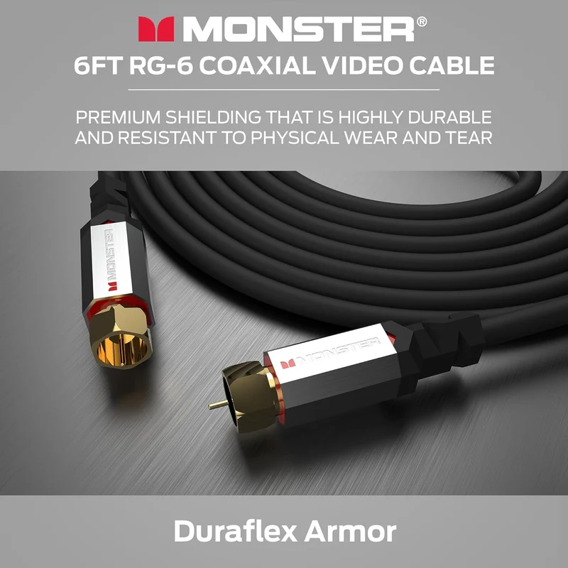 Monster Essentials RG-6 Coax Cable with Gold-Plated F-Pin Coaxial Cable Connector - High Speed Internet Cable with Duraflex Jacket and Metal Shielding, 12ft