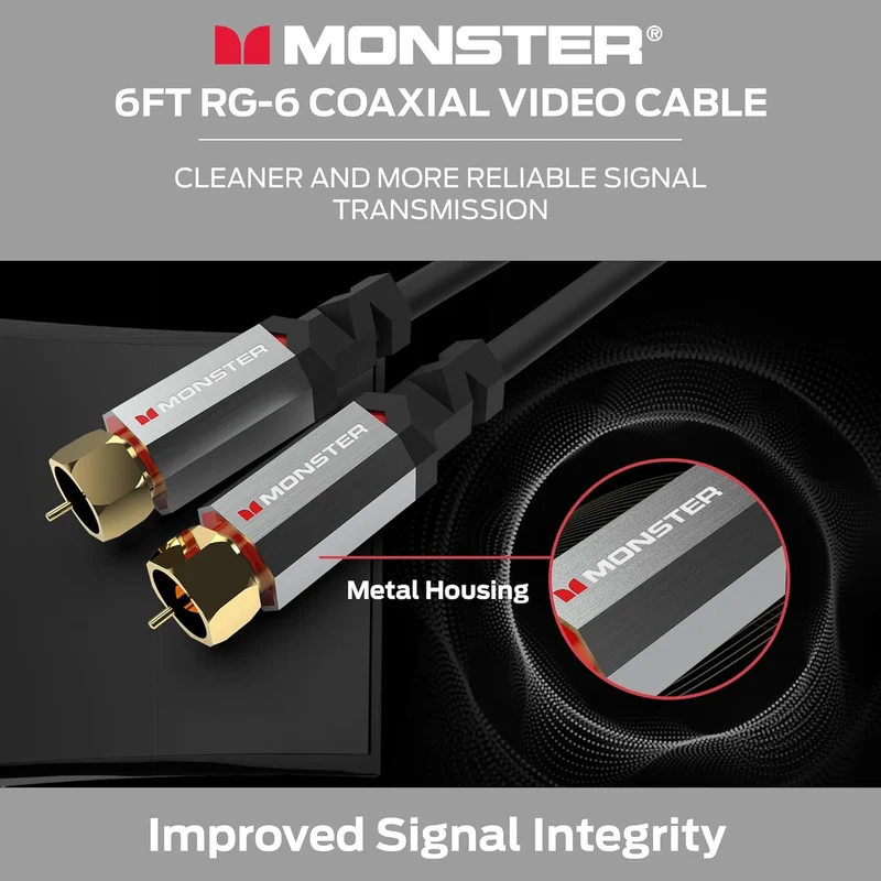 Monster Essentials RG-6 Coax Cable with Gold-Plated F-Pin Coaxial Cable Connector - High Speed Internet Cable with Duraflex Jacket and Metal Shielding, 6ft