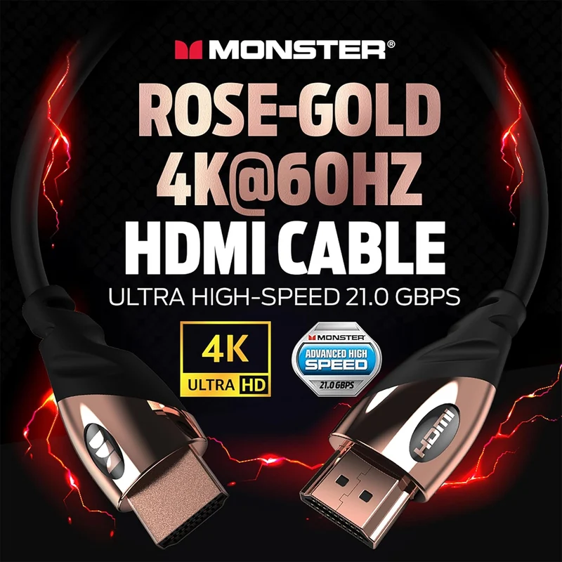 Monster Rose Gold HDMI Cable 4K Ultra HD — Xbox Series X, PlayStation 5, Nintendo, Apple TV HDMI Cable — 24K Gold Contacts, High Speed 21 Gbps, 60/120 Hz, Duraflex Coating(8 FT)