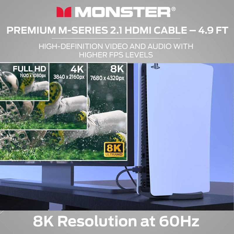Monster M-Series 3000 Certified Premium 8K High Speed - 2.1, 4K 120Hz , 48 Gbps- HDMI Cables for Apple TV, Roku, Smart TV, Laptop, Montior - 4.9 ft
