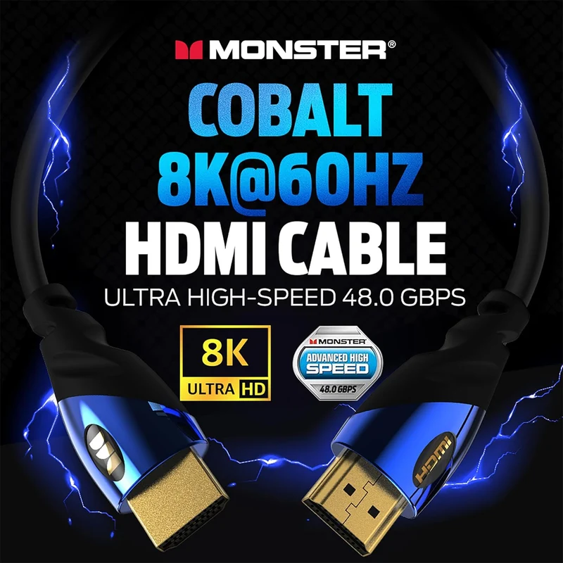 Monster 8K HDMI Cable (8 FT) — 5 HDMI Cable w/ 24K Gold Contacts & V-Grip, 48 Gbps Speed, 60/120 Hz Refresh Rate, Dynamic HDR & eARC for Superior Visuals & Audio