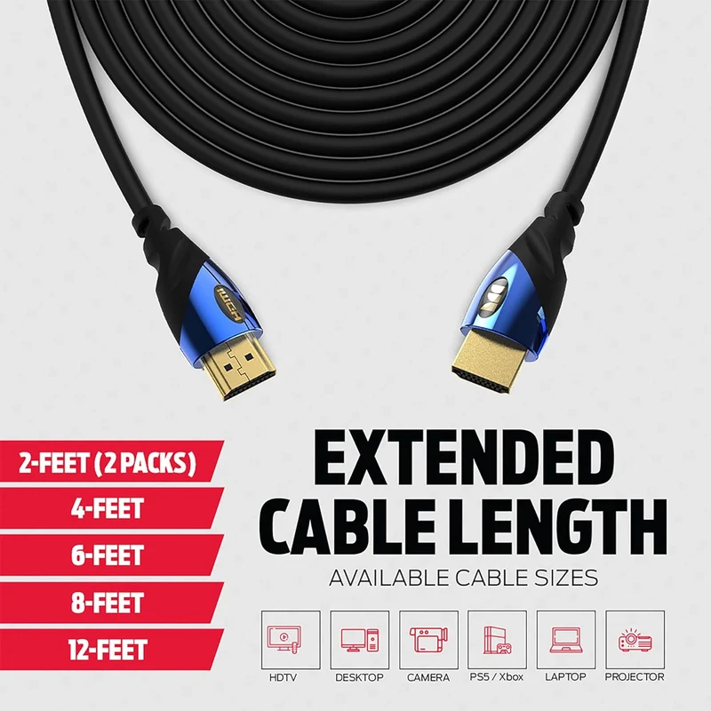Monster 8K HDMI Cable (2 FT) — 5 HDMI Cable w/ 24K Gold Contacts, 48 Gbps Speed, 60/120 Hz Refresh Rate, Dynamic HDR & eARC for Superior Visuals & Audio