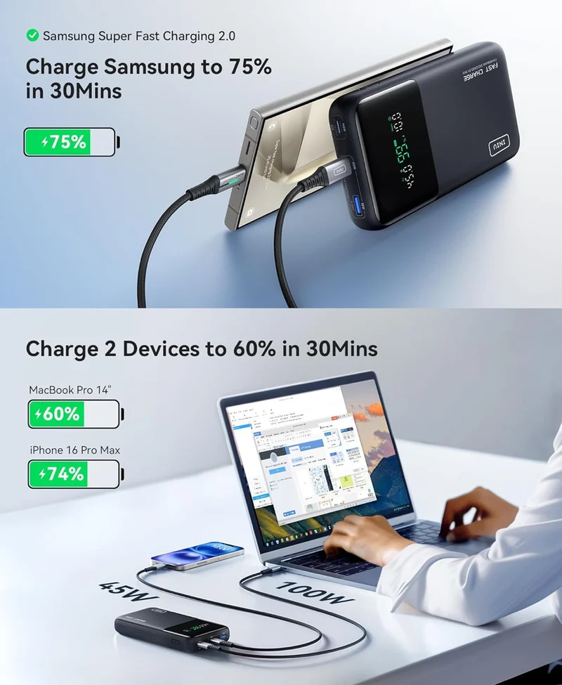 INIU 140W Power Bank, 25000mAh High Capacity Laptop & Phone Portable Charger, Fast Charging Flight Cruise Ship Family Essentials Traveling Powerbank for College Student Traveler Teen Boys Girls, White