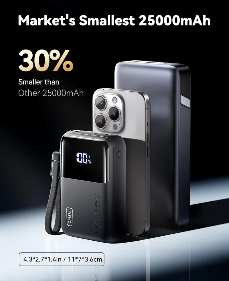 INIU 100W Power Bank, Mini Size 25000mAh High Capacity Laptop Portable Charger, USB C in&Out Tablet Powerbank, Smart Digital Display Phone Charger for iPhone 16 15, Samsung, iPad, MacBook, Laptop etc.