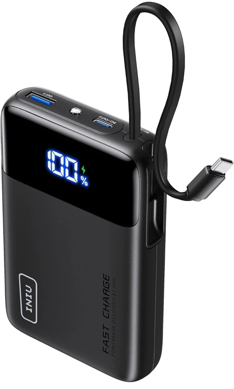 INIU 45W Portable Charger, Smallest 20000mAh Power Bank with Build in USB-C Cable, Fast Charging USB C in&Out Battery Pack, Travel Phone Charger for iPhone 16 15 Samsung S25 S24 Google iPad etc