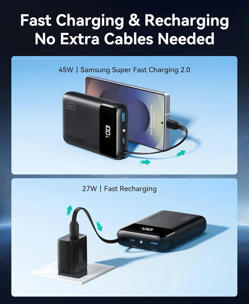 INIU 45W Portable Charger, Smallest 20000mAh Power Bank with Build in USB-C Cable, Fast Charging USB C in&Out Battery Pack, Travel Phone Charger for iPhone 16 15 Samsung S25 S24 Google iPad etc