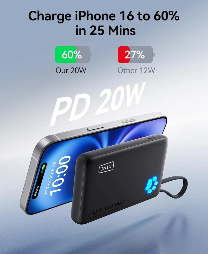 INIU Portable Charger, Slim 10000mAh Power Bank with Build in USB-C Cable, 20W Fast Charging Small Phone Charger, Flight Cruise Ship Trip Accessories Essentials for College Student Teen Boy Girl, Blue