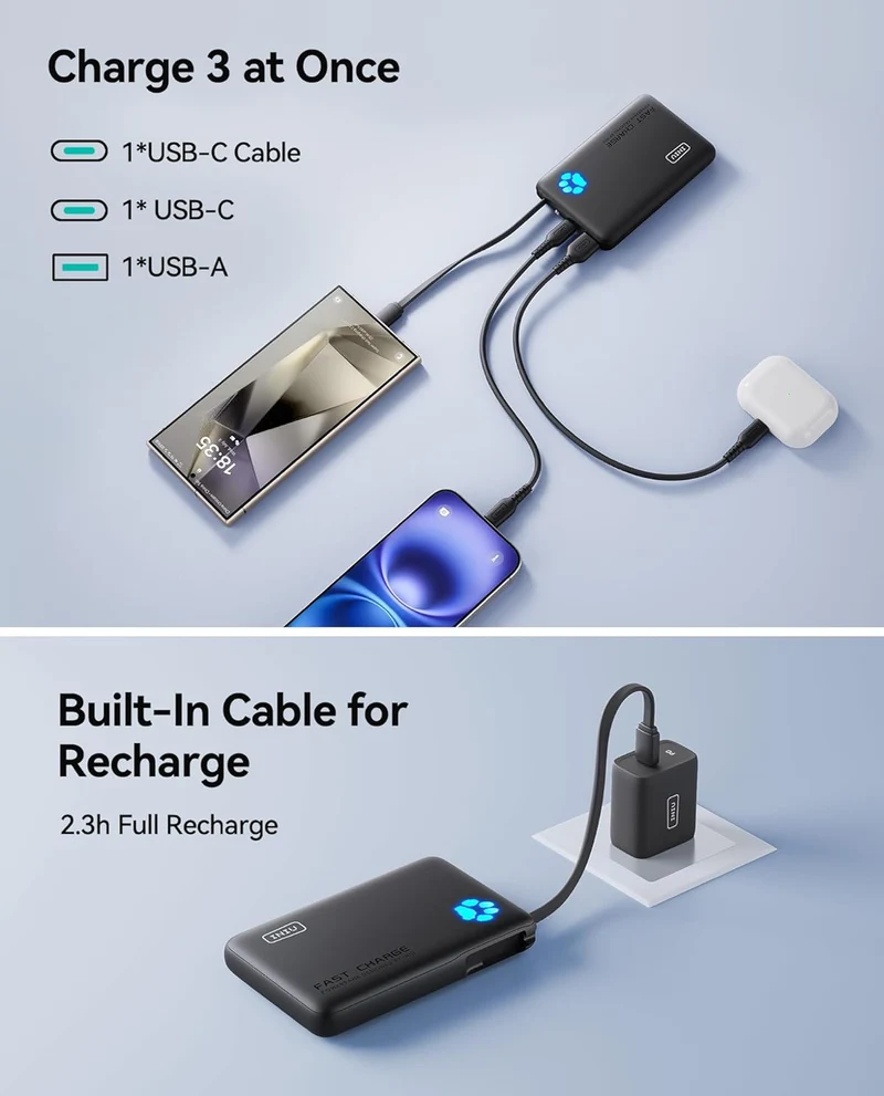 INIU Portable Charger, Slim 10000mAh Power Bank with Build in USB-C Cable, 20W Fast Charging Small Phone Charger, Flight Cruise Ship Trip Accessories Essentials for College Student Teen Boy Girl, Blue