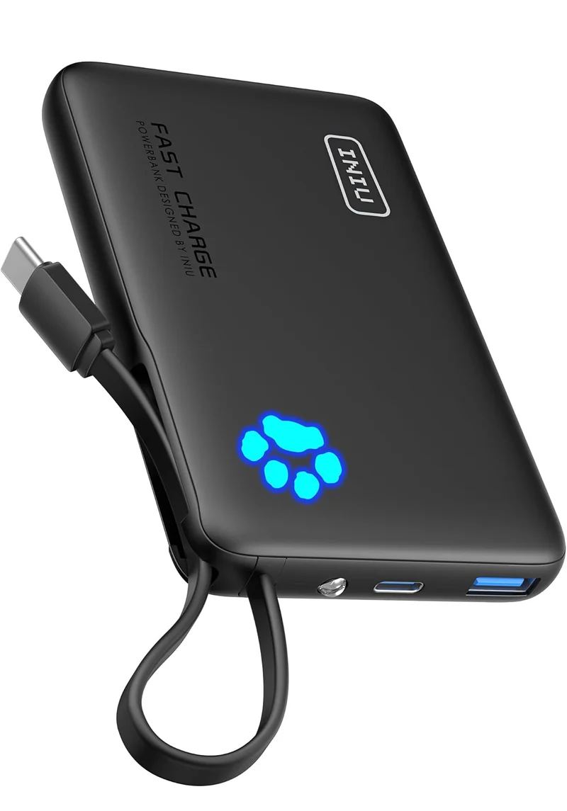 INIU 45W Portable Charger, 10000mAh Built-in USB C Cable Fast Charging Power Bank, Small Type C Battery Pack, Powerbank for iPhone 16 15 14 13, iPad, Samsung S25 S24 etc. Travel Camping Essentials