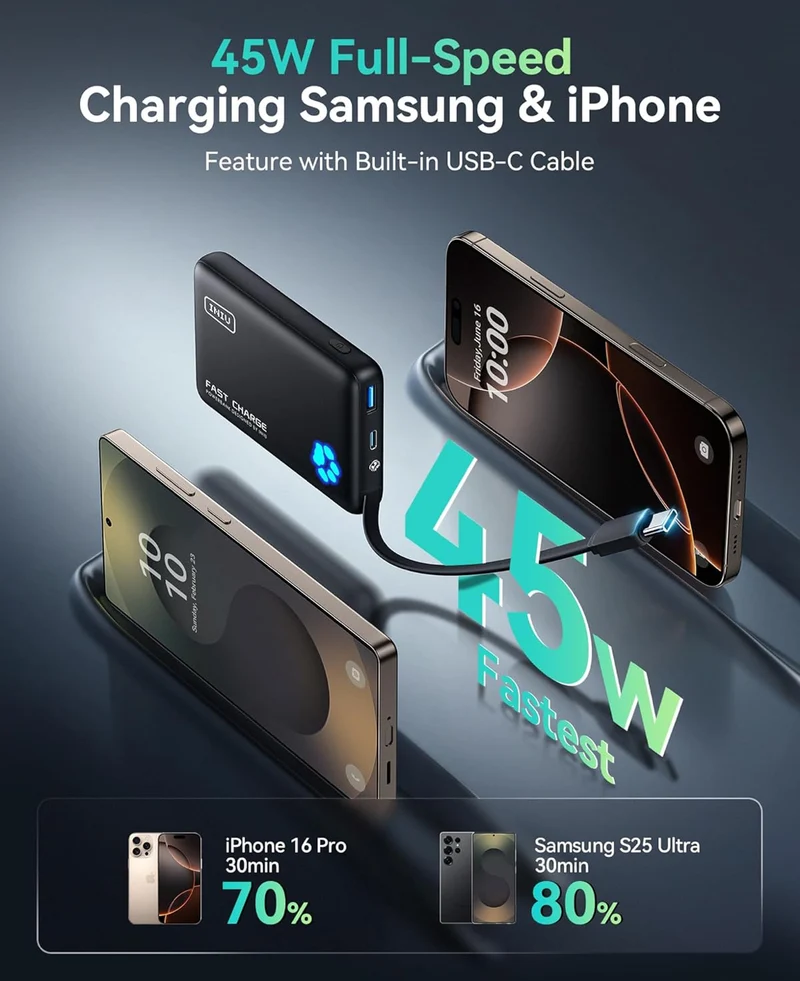 INIU 45W Portable Charger, 10000mAh Built-in USB C Cable Fast Charging Power Bank, Small Type C Battery Pack, Powerbank for iPhone 16 15 14 13, iPad, Samsung S25 S24 etc. Travel Camping Essentials