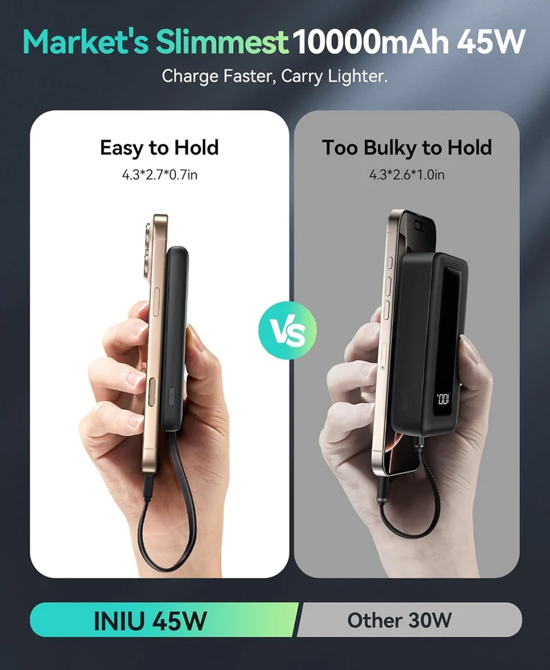 INIU 45W Portable Charger, 10000mAh Built-in USB C Cable Fast Charging Power Bank, Small Type C Battery Pack, Powerbank for iPhone 16 15 14 13, iPad, Samsung S25 S24 etc. Travel Camping Essentials