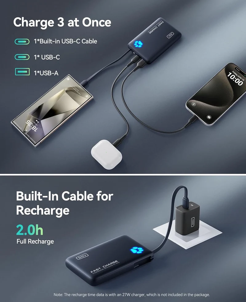 INIU 45W Portable Charger, 10000mAh Built-in USB C Cable Fast Charging Power Bank, Small Type C Battery Pack, Powerbank for iPhone 16 15 14 13, iPad, Samsung S25 S24 etc. Travel Camping Essentials