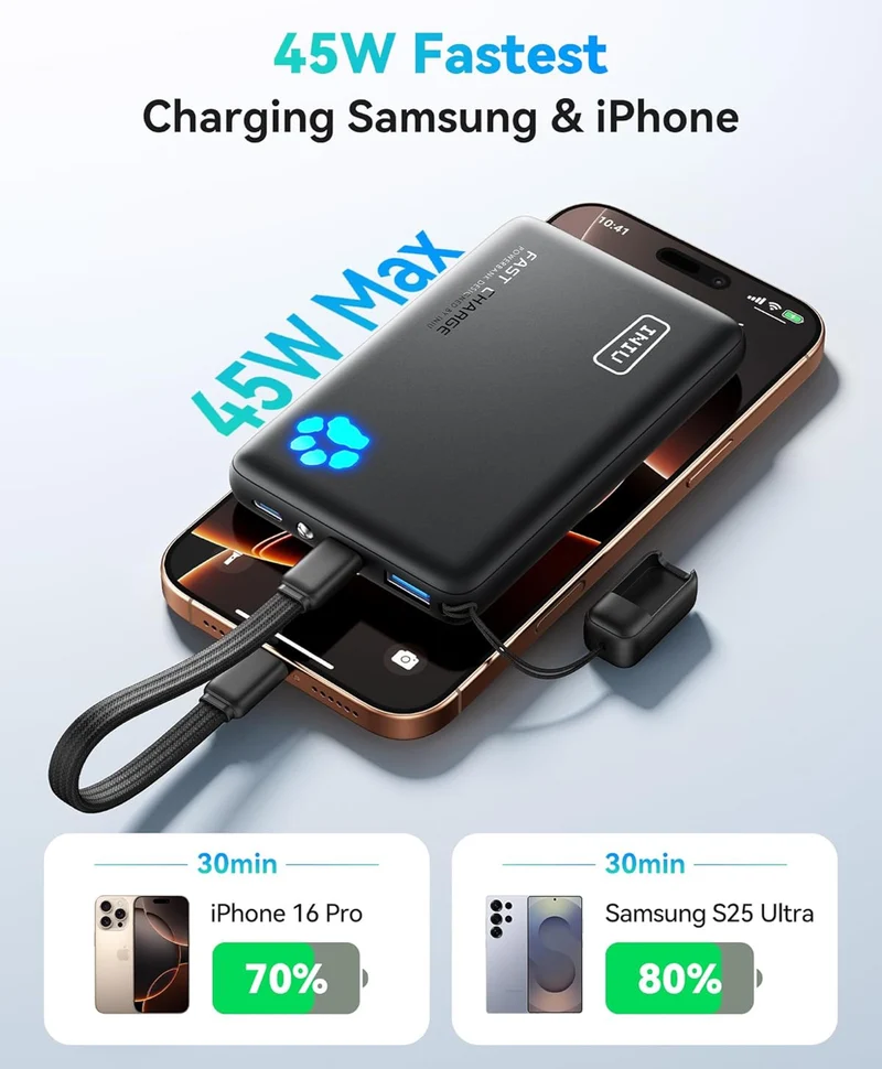 INIU Portable Charger, Lightest 10000mAh 45W PD Power Bank, USB C in&Out Fast Charging Battery Pack, External Phone Powerbank Compatible with iPhone 16 15 14 13 Samsung S22 S21 Google iPad etc
