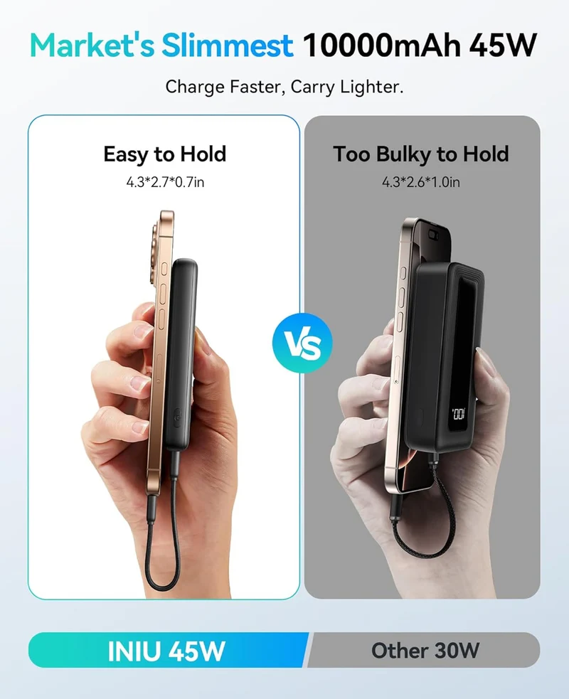 INIU Portable Charger, Lightest 10000mAh 45W PD Power Bank, USB C in&Out Fast Charging Battery Pack, External Phone Powerbank Compatible with iPhone 16 15 14 13 Samsung S22 S21 Google iPad etc