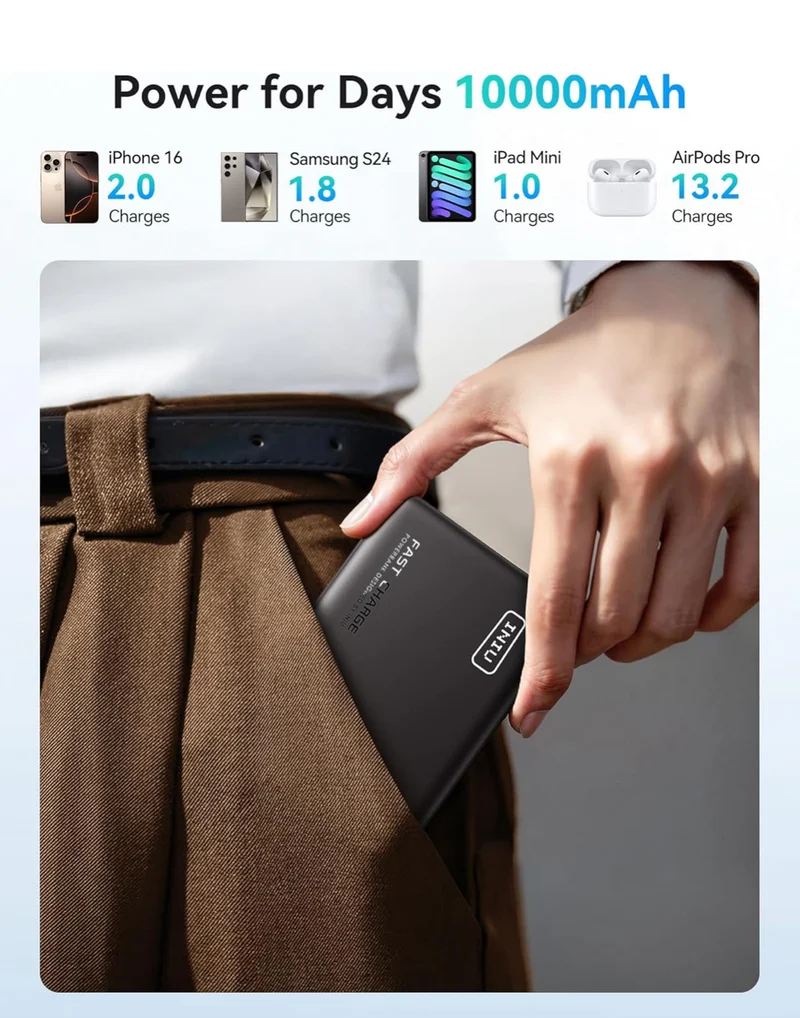 INIU Portable Charger, Lightest 10000mAh 45W PD Power Bank, USB C in&Out Fast Charging Battery Pack, External Phone Powerbank Compatible with iPhone 16 15 14 13 Samsung S22 S21 Google iPad etc