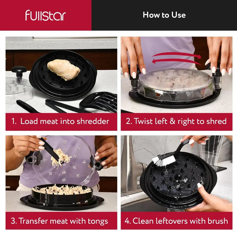 Fullstar Chicken Shredder Tool Twist Set - Meat & Chicken Breast Shredding Tool, Pork Shredder, Large Food Slicer (Black)