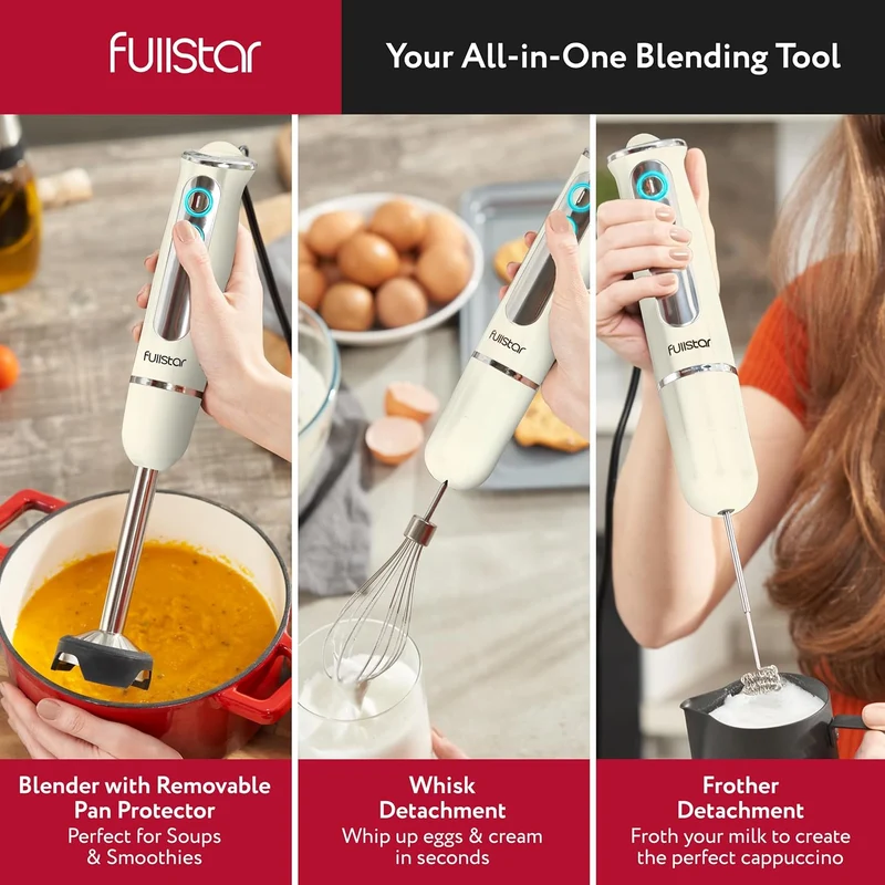 Fullstar Immersion Blender Set, 9-Speed 500W Handheld Electric Hand Mixer, Smoothie Blender (3-in-1, White)