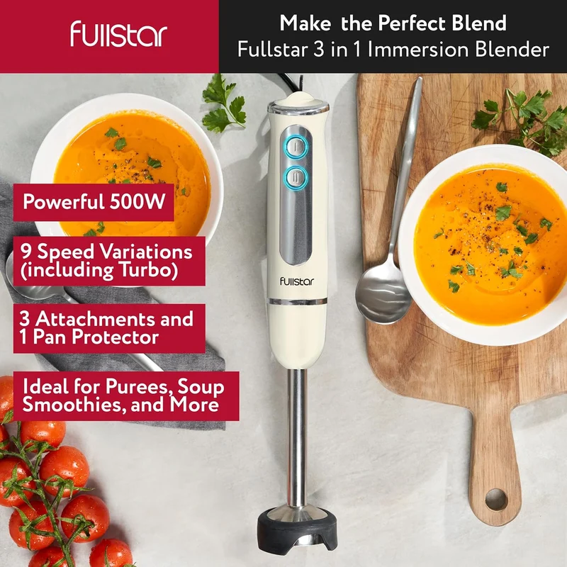Fullstar Immersion Blender Set, 9-Speed 500W Handheld Electric Hand Mixer, Smoothie Blender (3-in-1, White)