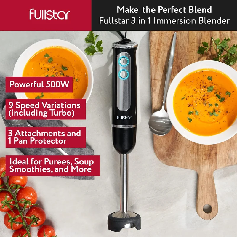 Fullstar Immersion Blender Set, 9-Speed 500W Handheld Electric Hand Mixer, Smoothie Blender (3-in-1, Black)